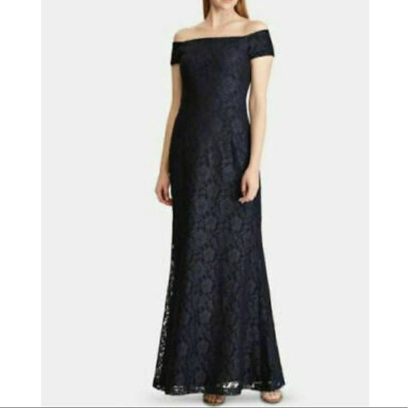 Lauren Ralph Lace Overlay Evening Dress Gown Navy - Picture 1 of 6